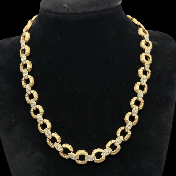 Vintage Hobe Gold-Tone Link Rhinestone Necklace 16" Signed Designer Estate Jewel - Picture 1 of 14